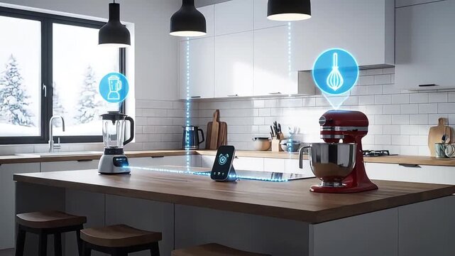 Modern kitchen with smart appliances and sleek design.