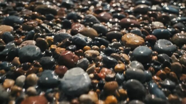 Macro Detail of Wet Conglomerate Surface A very close-up, detailed shot highlighting the individual rounded pebbles and their interstitial matrix, glistening under soft, diffused light.