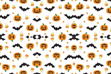 Halloween icons seamless pattern with pumpkins bats candy