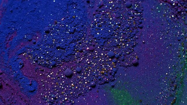 Macro Granular Iridescence Extreme close-up on the sparkling, granulated pigment particles of watercolor ink, revealing intricate textures and shimmering reflections as light hits them.