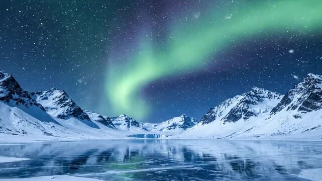 Arctic Mountain Aurora A wide, sweeping view of snow-capped mountains under a vibrant, dancing aurora borealis, emphasizing the vast scale of the landscape.