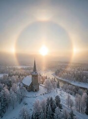 Winter landscape with church and dramatic sun halo phenomenon