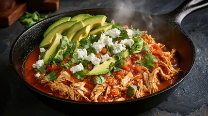 Premium chicken tinga in black cast iron skillet garnished with fresh avocado slices, queso fresco crumbles and cilantro herbs on dark stone surface