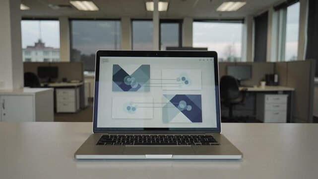 Laptop on office desk as screen slides through presentation pages static eye-level shot, deep focus, natural light by Generative AI