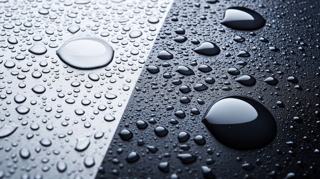 Rain protection coating test demonstrating surface tension effects with water droplet behavior comparison on treated versus untreated materials