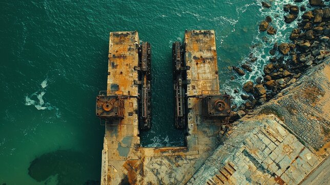 Vintage American bascule bridge counterweights aerial perspective showing weathered concrete blocks steel framework turquoise waters historic infrastructure