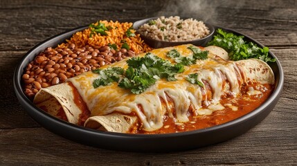 Chicken enchiladas topped with melted white cheese and fresh cilantro served with Mexican rice and pinto beans on dark cast iron plate at premium restaurant