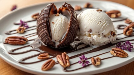Chocolate conchas dessert with vanilla ice cream on elegant white plate, gourmet Mexican pastry presentation with chocolate drizzle and pecans at fine dining restaurant