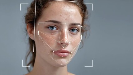 Medium frame showing AI software detecting acne spots on a young adults face to provide tailored treatment suggestions