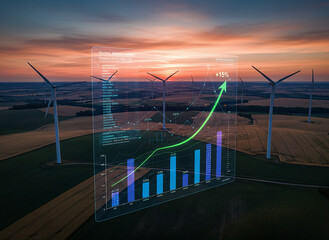Wind turbines and financial growth chart at sunset