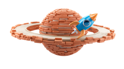 Planet Saturn made of red bricks with ring structure