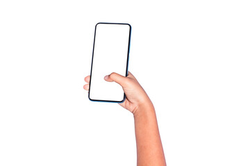 A girl's hand is holding another smartphone against a white background.