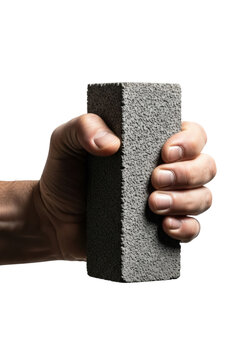 weathered caucasian man's hand gripping a heavy, porous concrete cinder block; macro close-up on a seamless transparent studio background with sharp focus. concept of strength and durability