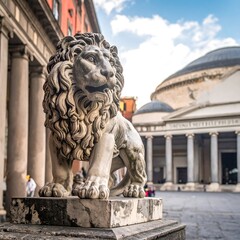 Marble lion statue stands before a classical building with columns, under a blue and cloudy sky