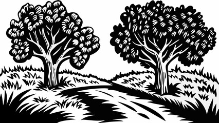 Monochrome countryside scene with two lush trees and winding path rustic woodcut style