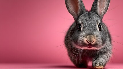 Fototapeta premium Adorable Gray Rabbit Running Towards Camera on Pink Background