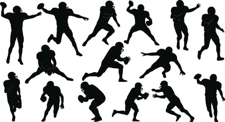 American football player silhouettes collection, action poses throwing running catching, sports athlete figures isolated white background vector illustration design set
