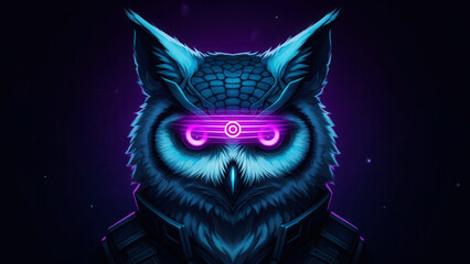 Cyber owl with glowing purple neon eyes and hexagonal pattern in dark futuristic setting