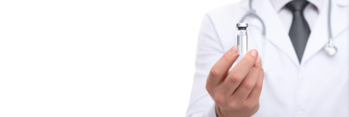 Hand holding small medical vial with clear liquid