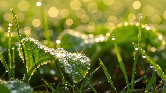 Macro Dew on Grass Blades Extreme close-up, ground-level perspective, focusing on individual blades of vibrant green grass adorned with perfectly spherical dew drops, each glistening with prismatic