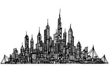 Fototapeta premium Hand-drawn sketch of a sprawling city skyline featuring numerous skyscrapers and bridges, offering a unique perspective on urban architecture