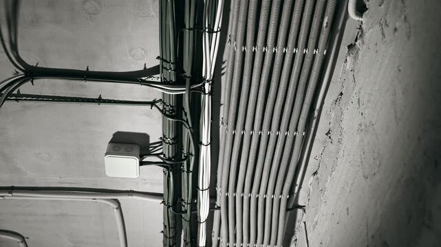 Overhead Cable Tray And Junction Box Under Concrete Ceiling Neat Conduit Runs Network Infrastructure Closeup