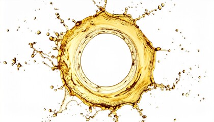 アンチエイジングや美容液　白背景に浮かぶ円形のゴールドウォータースプラッシュと液体のフレーム素材