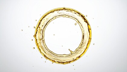 アンチエイジングや美容液　白背景に浮かぶ円形のゴールドウォータースプラッシュと液体のフレーム素材
