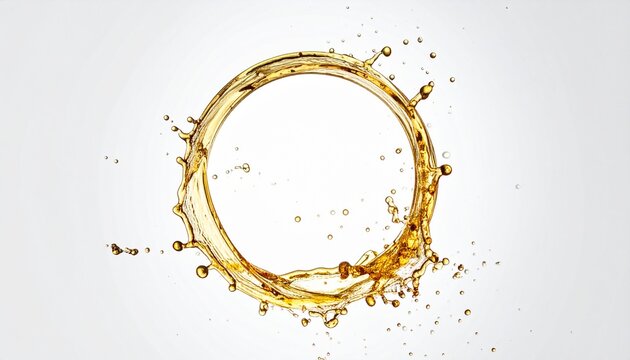 アンチエイジングや美容液　白背景に浮かぶ円形のゴールドウォータースプラッシュと液体のフレーム素材
