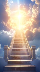 Marble stairs leading to a radiant, ethereal light shining through fluffy clouds in a bright, blue, sky