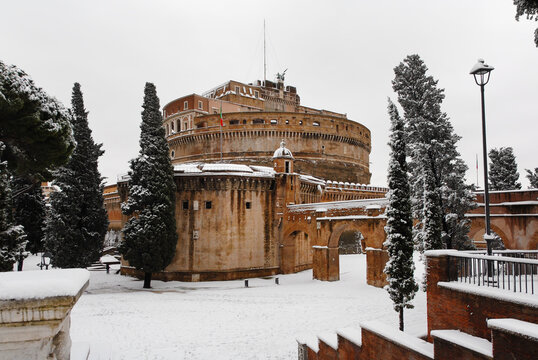 Winter in Rome. Holy Angel Castle public gardens covered by snow