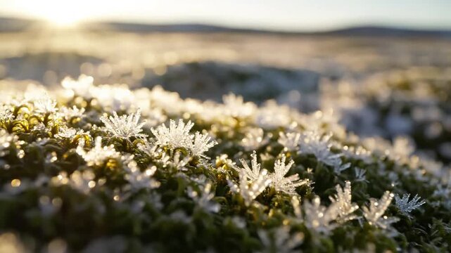 Frozen tundra vegetation Extreme macro, worm's eye view
