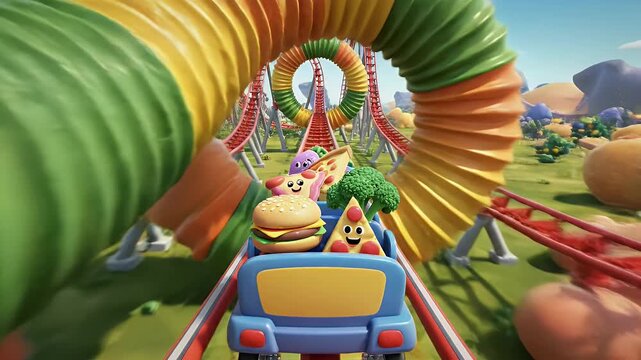 Animated Food Characters on Roller Coaster Ride Through Digestive System Backgrounds in Cartoon Style Digital
