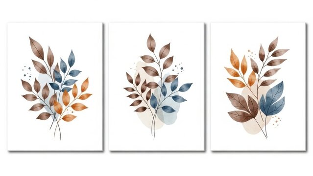 Beautiful triptych art featuring brown and blue leaves