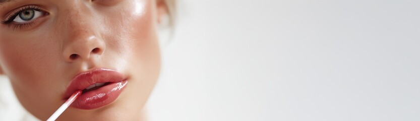 Naklejka premium Glossy Lips Applying Nude Pink Lip Gloss Beauty and Cosmetics Macro