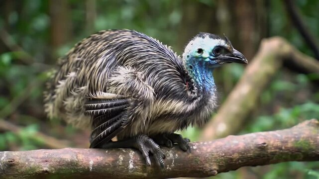 Juvenile Southern Cassowary Resting on Branch in Tropical Forest