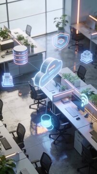 Futuristic Office Animation Showing Online Services with Cloud Computing, Storage, and WiFi Icons