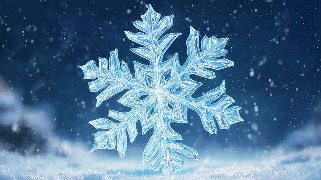 A close-up view of a delicate snowflake gently falling amidst a snowy landscape on a winter evening