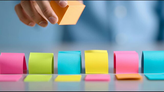 Person organizes colorful sticky notes with paper hand places paper in vibrant sticky notes for organization