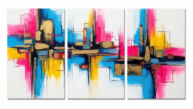 Vibrant abstract art triptych with pink blue and yellow hues