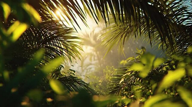 Vibrant green tropical jungle border in morning sun