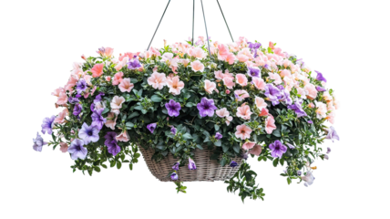 Hanging Flowering Basket with Spring Pastel Blooms Summer Vibes on transparent background