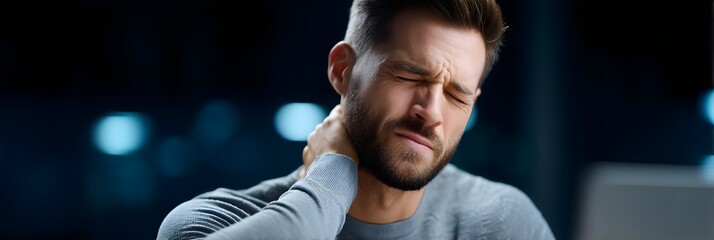 Stressed man touching neck due to muscle pain, male adult with backache, shoulder ache, sitting alone in office, health care concept, caucasian, computer work, muscular injury, medical, indoor