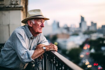 Elderly man wearing hat leaning on balcony railing with soft cityscape background at sunset, expressing calm and reflective mood in urban environment