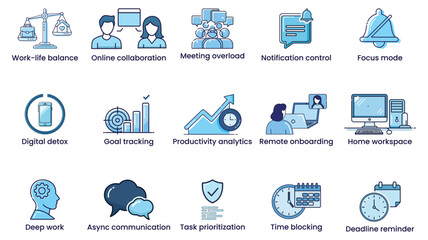 Remote Work Productivity Concept for Modern Digital Workspace icon set focus mode, async communication, task management, time blocking, deep work, work-life balance.