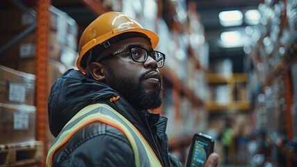 A worker is in a warehouse looking at a smartphone. He wears a hard hat and safety vest. The shelves around him are filled with boxes. This scene takes place during working hours - Powered by Adobe