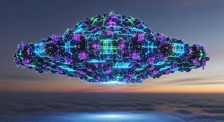 Complex alien spacecraft hovers above a thick layer of clouds during twilight