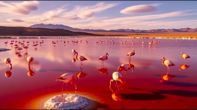 Flock of flamingos feeding in a surreal red lake with mountains in the background at sunrise from a high vantage point