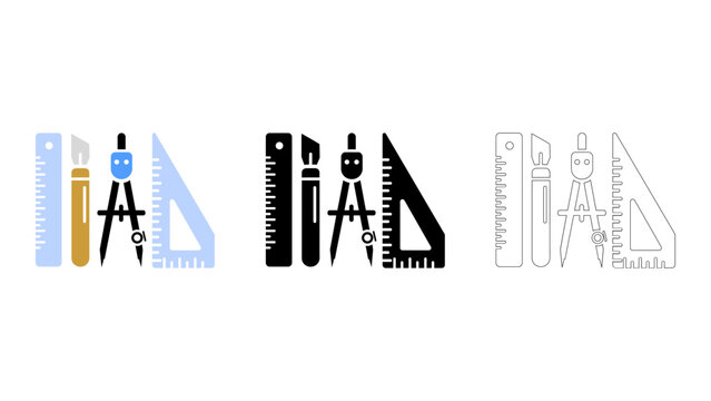 Drafting tools icons technical drawing, solid style, line style, colourful icons for design