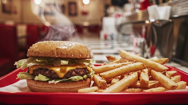 Delicious beef cheeseburger with a sesame bun, lettuce, tomato, and onion served alongside crispy golden french fries as a fast food meal isolated on a white background